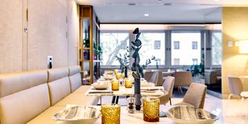 a table with plates and bowls on it