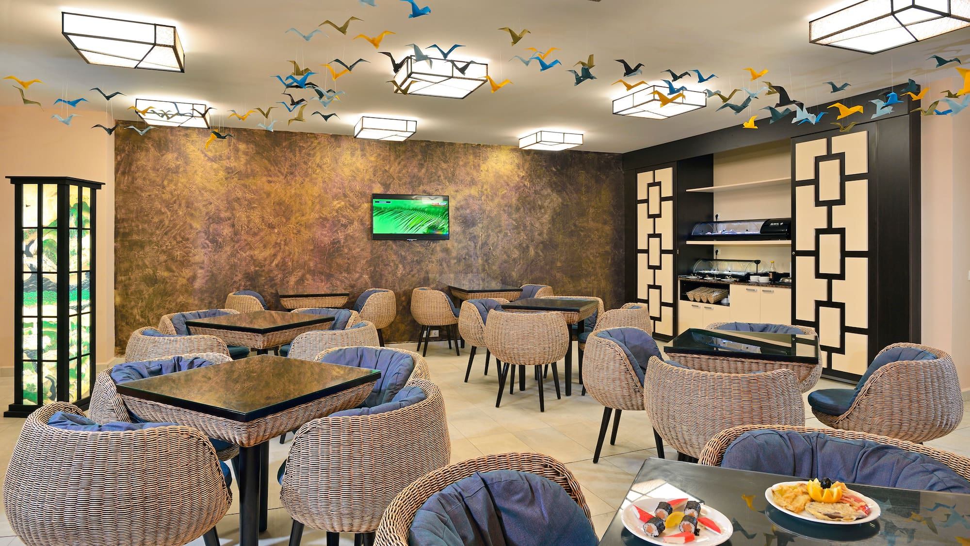 a room with tables and chairs