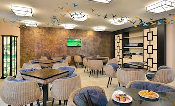 a room with tables and chairs