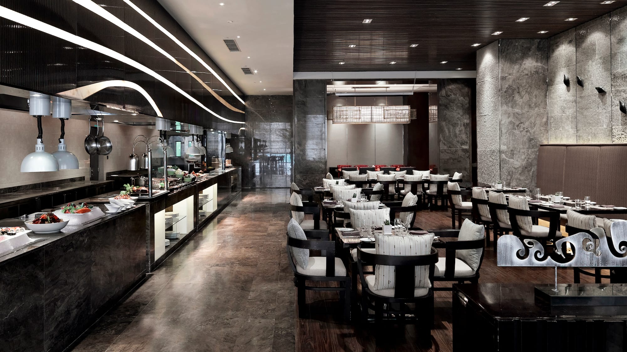 a restaurant with tables and chairs