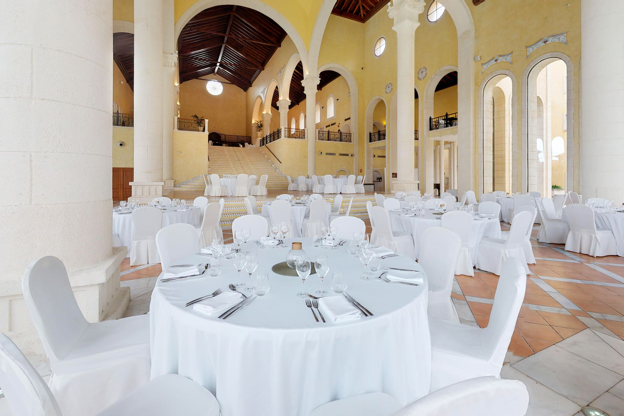 a room with tables and chairs