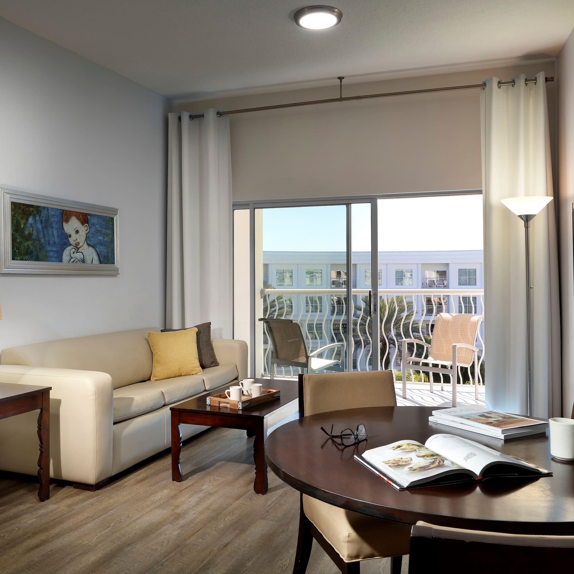 a living room with a couch and a table