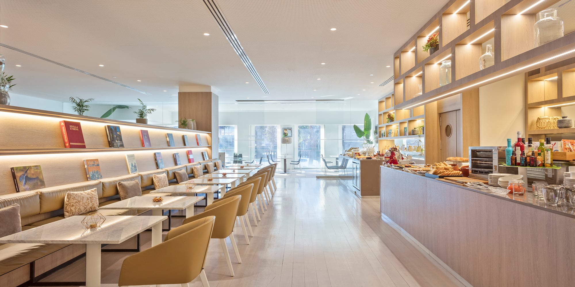 a room with tables and chairs