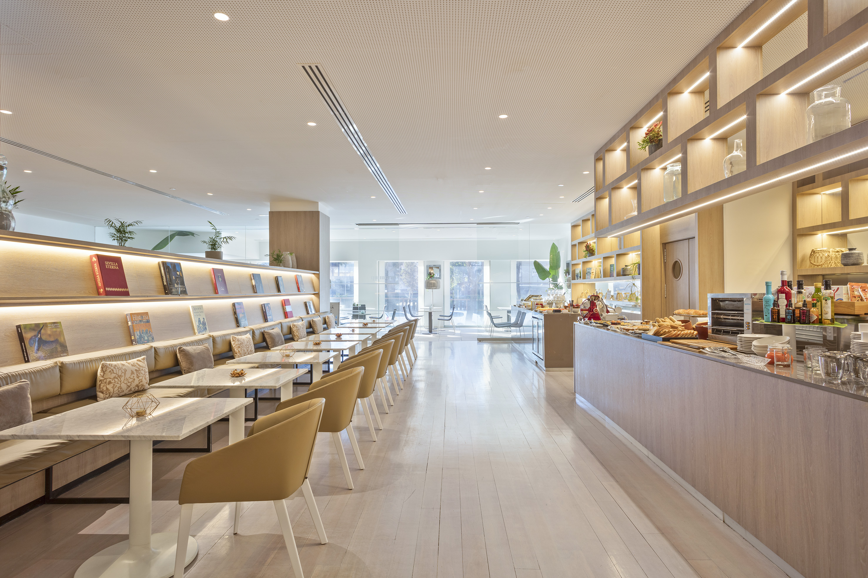 a room with tables and chairs