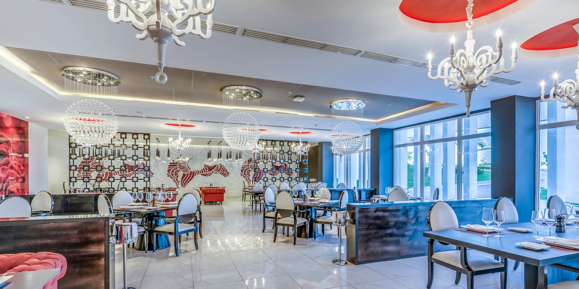 a room with tables and chairs