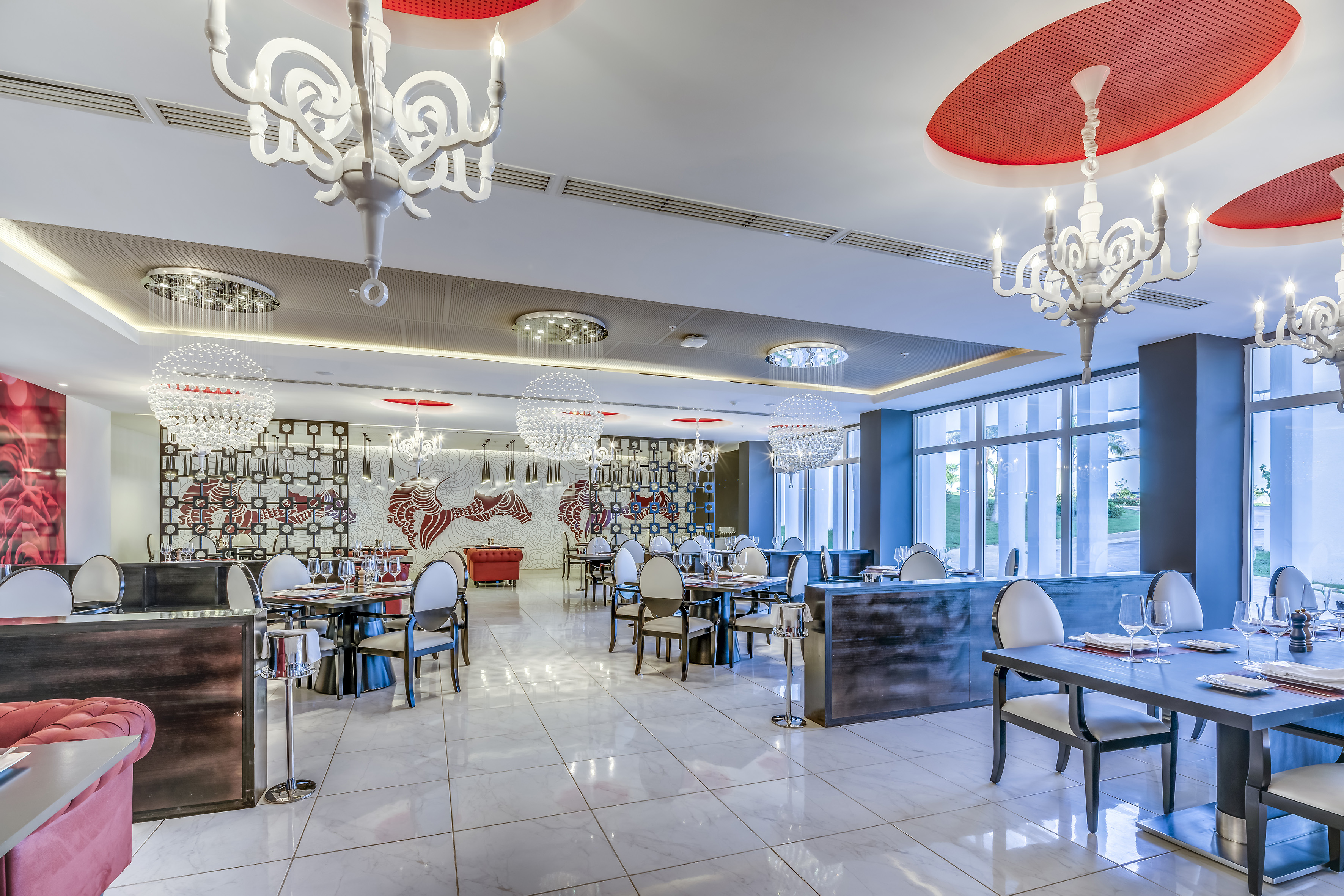 a room with tables and chairs