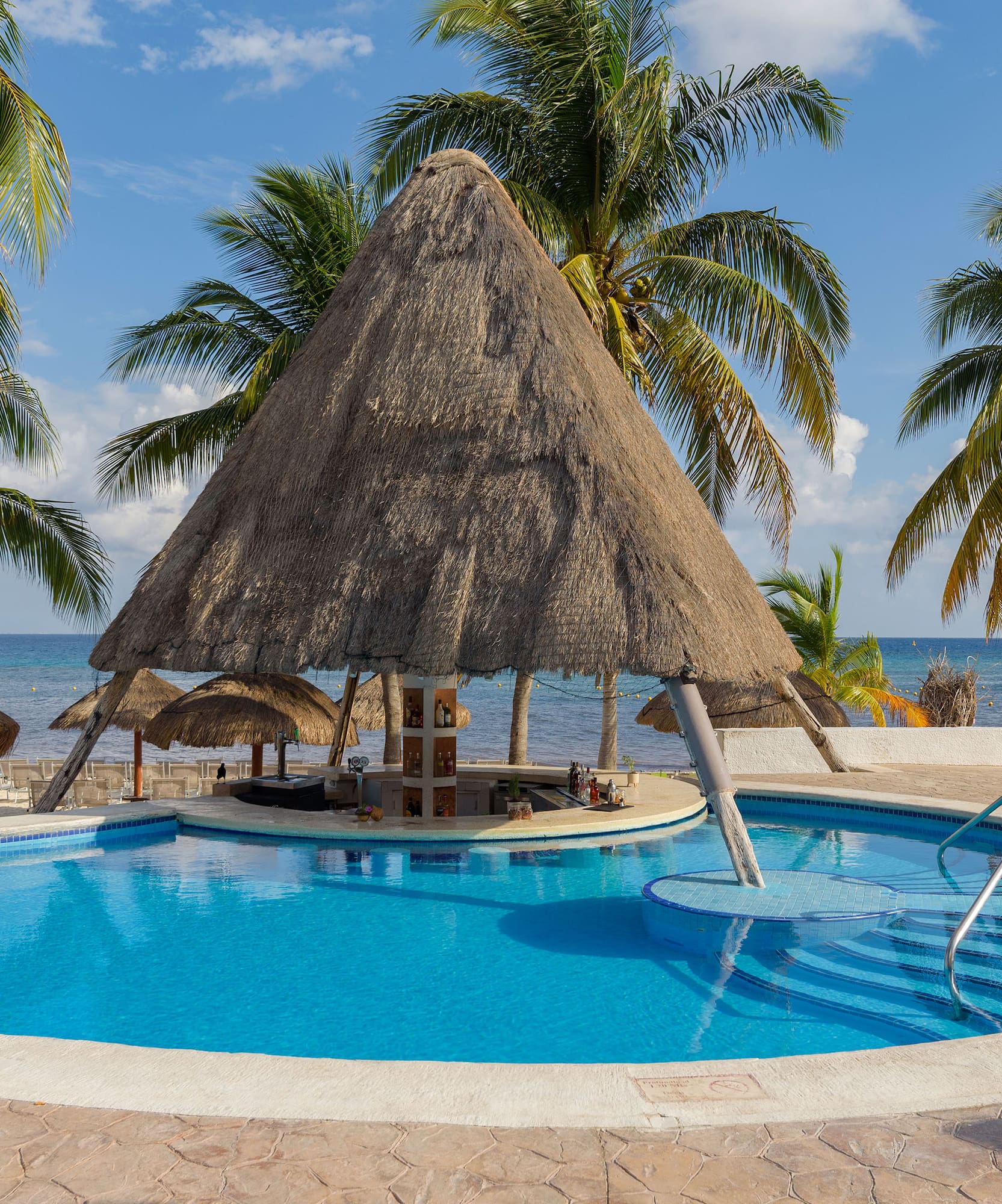 a pool with a straw roof and a bar and a beach