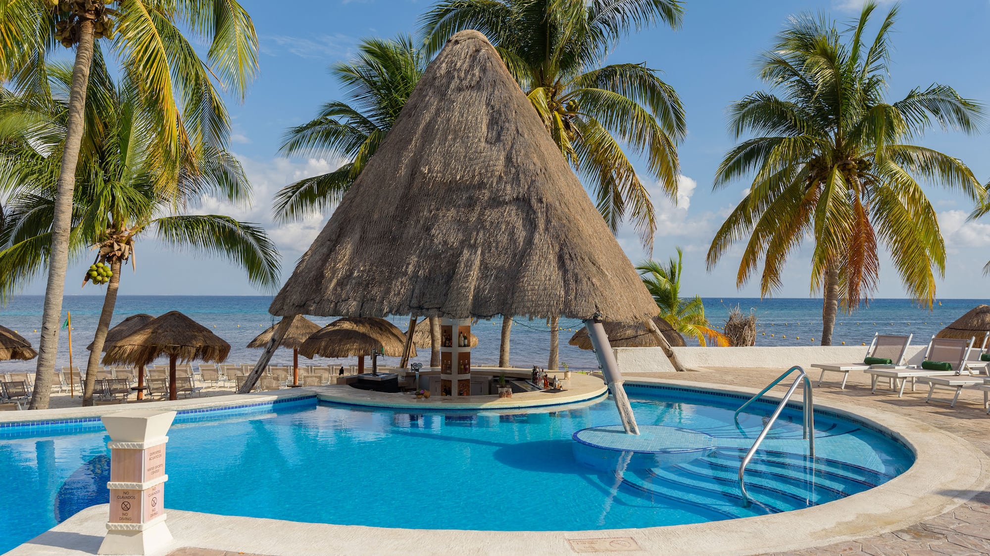 a pool with a straw roof and a bar and a beach
