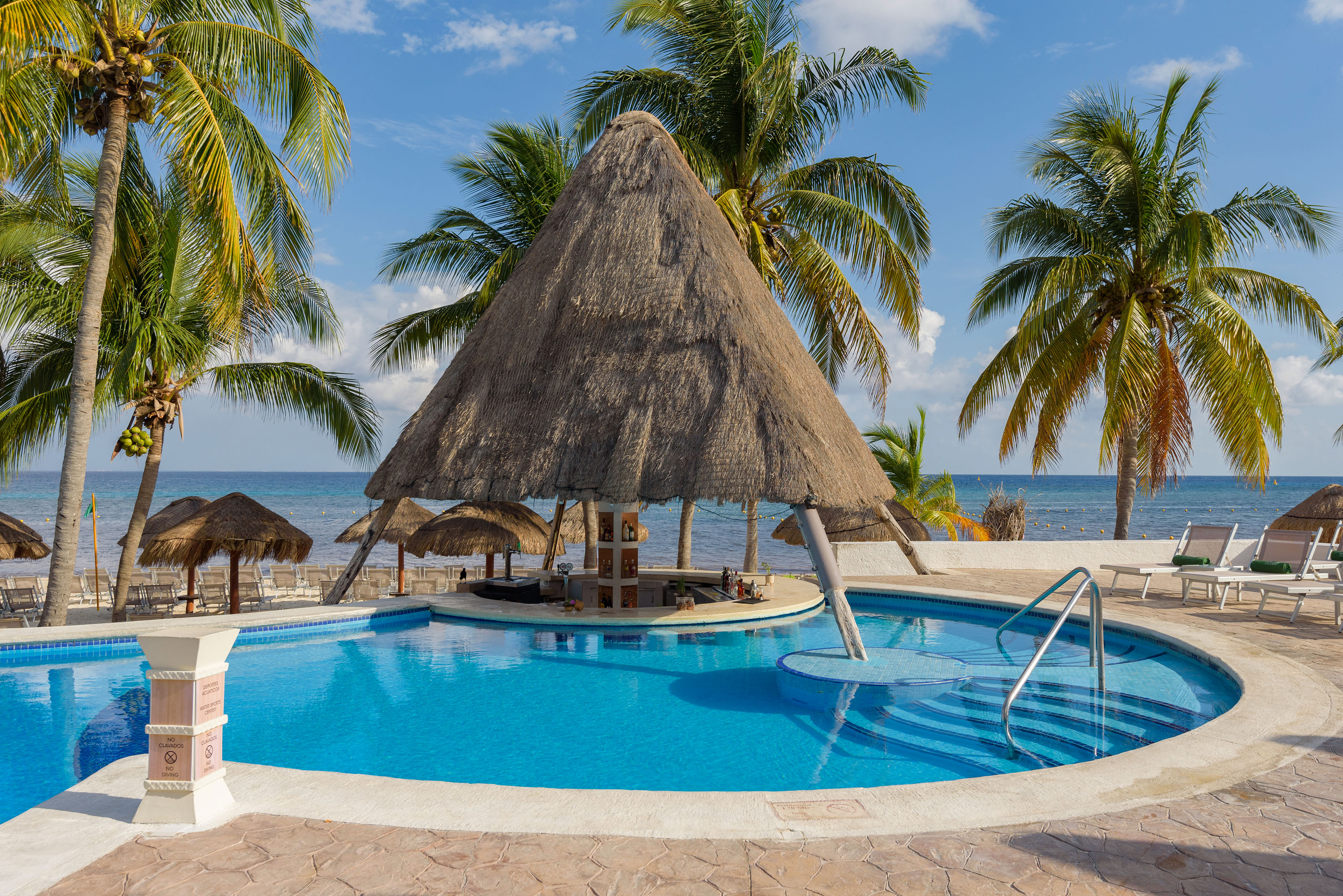 Resort swimming pool, thatched palapa swim-up bar, palm trees, and beach.