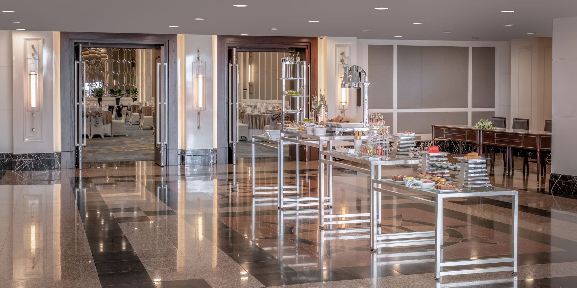 a buffet table in a room