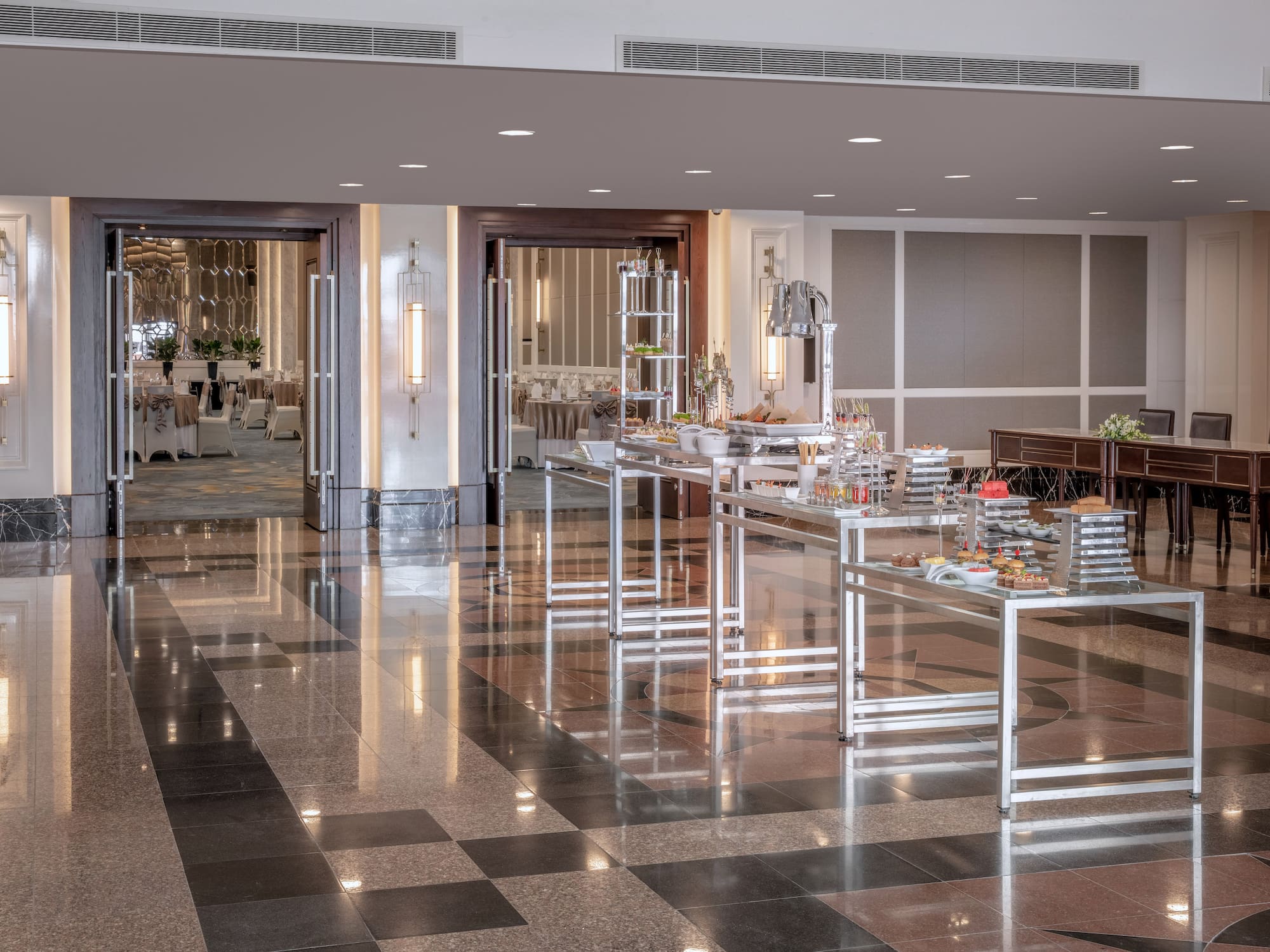 a buffet table in a room