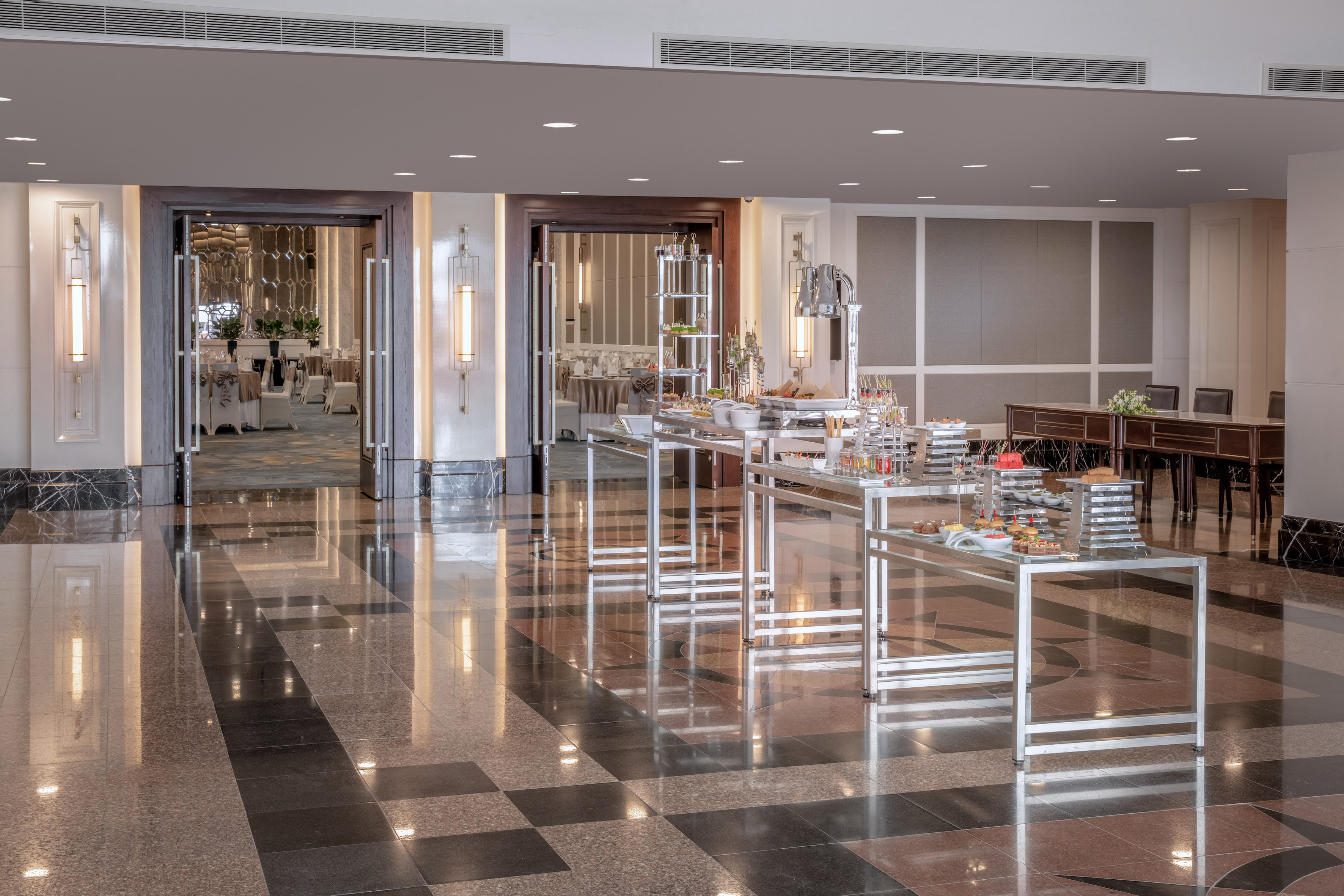 a buffet table in a room