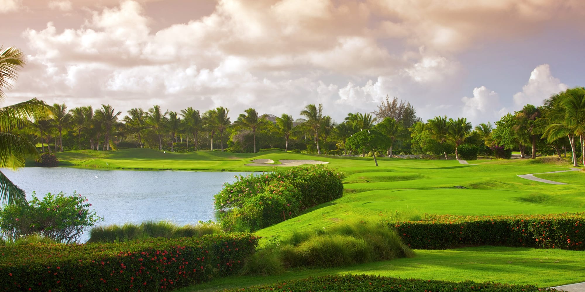 a golf course with a body of water and trees