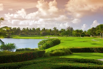 a golf course with a body of water and trees