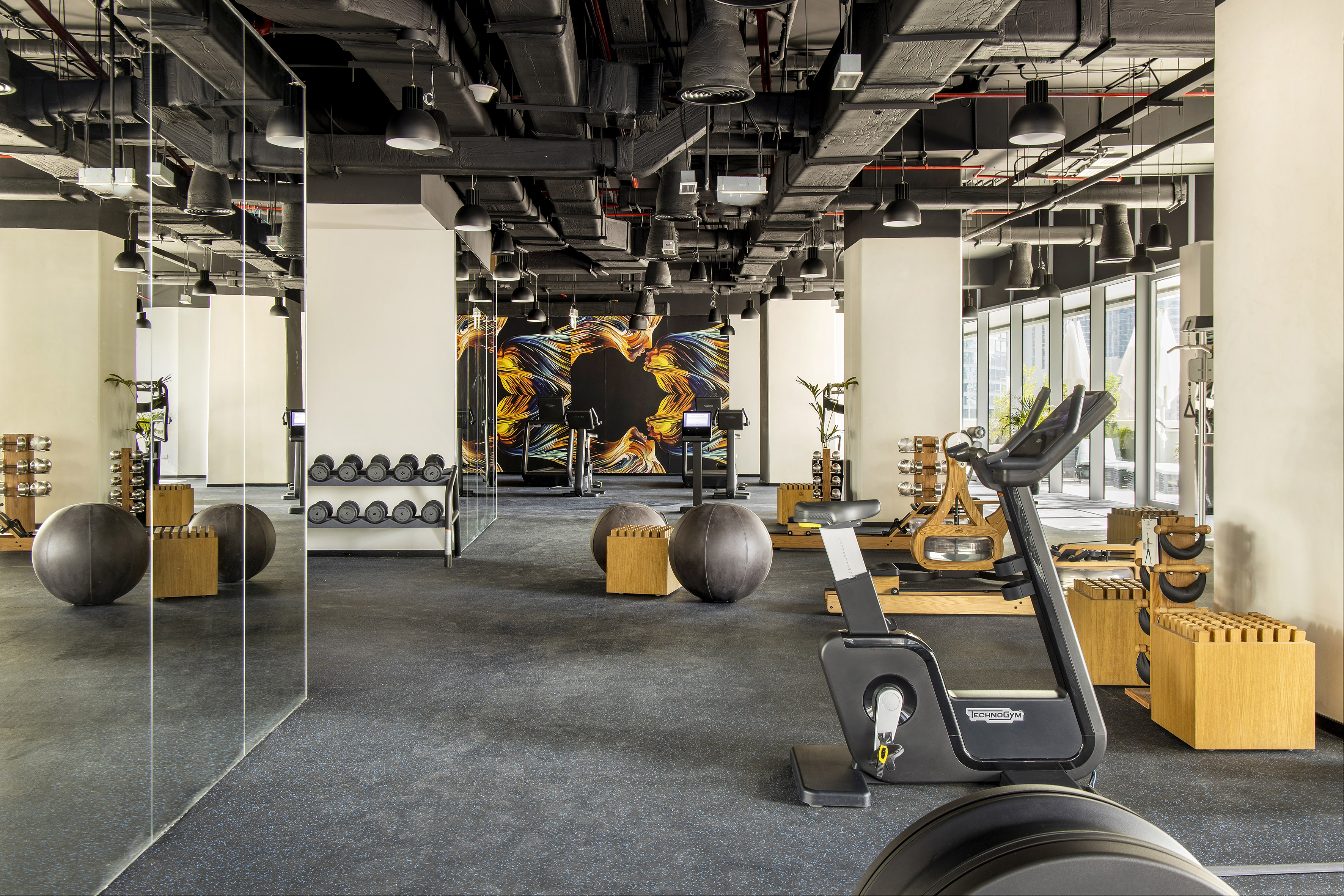 Modern gym with exercise bike, dumbbells, dark ceiling, and colorful abstract art.