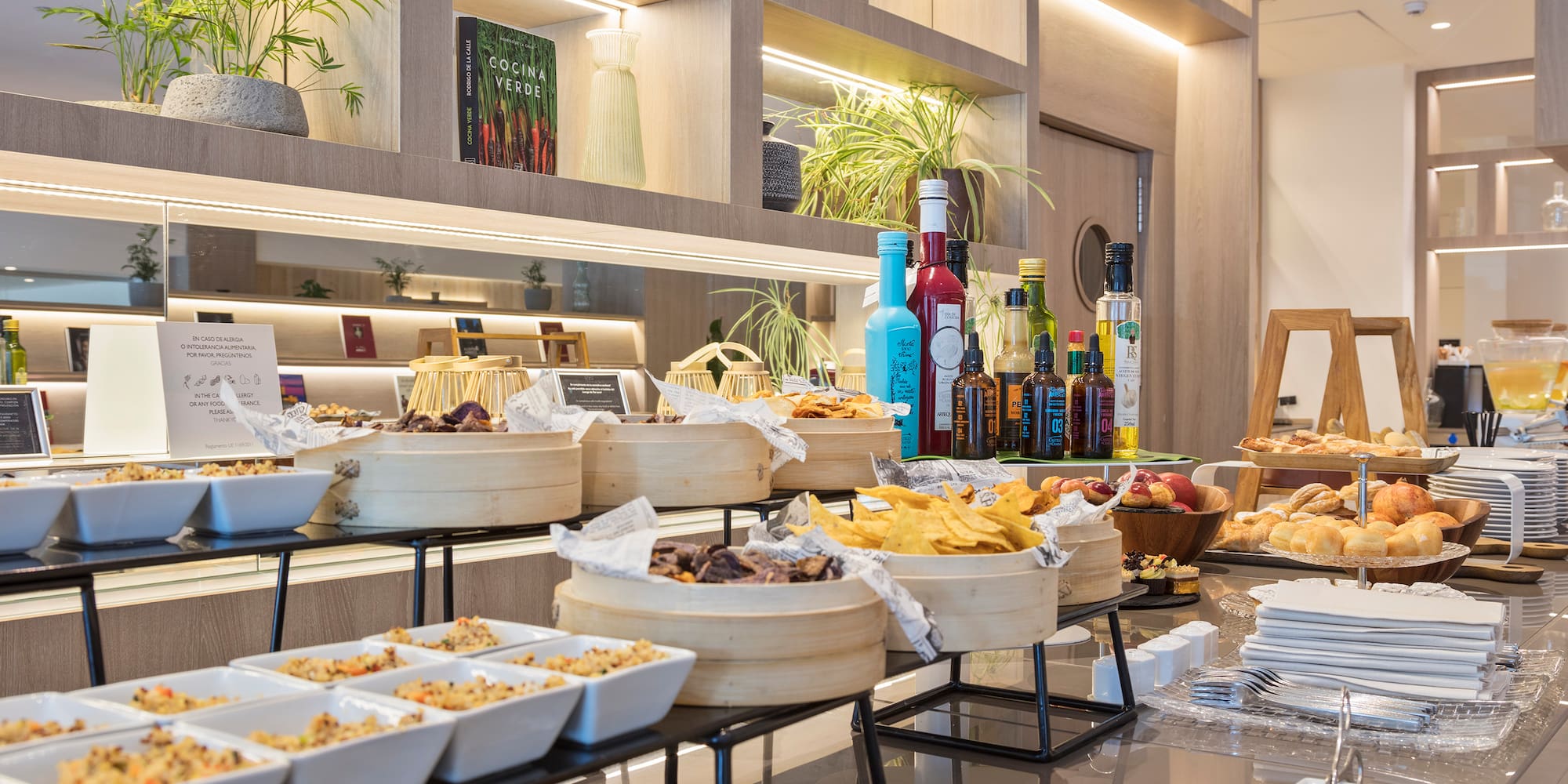 a buffet table with food on it