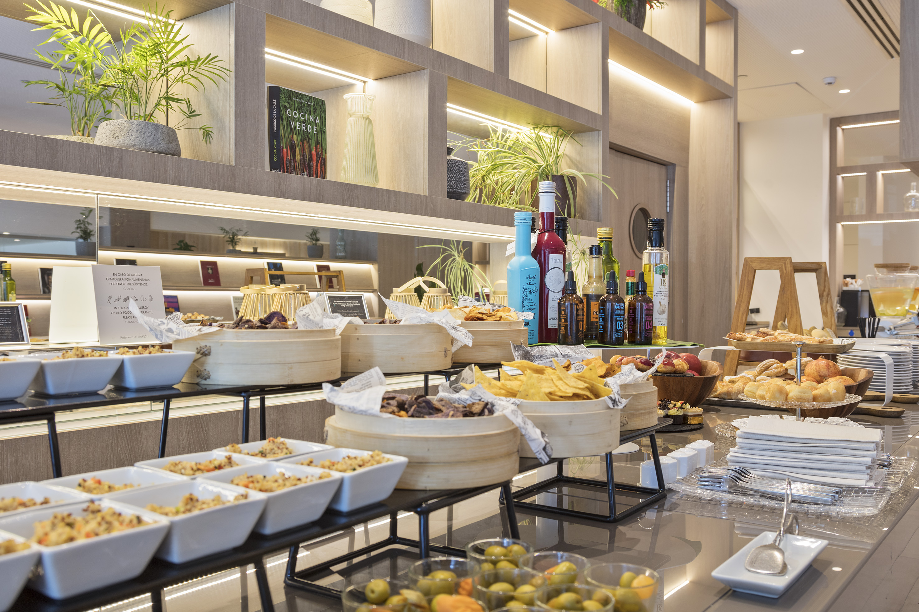 a buffet table with food on it