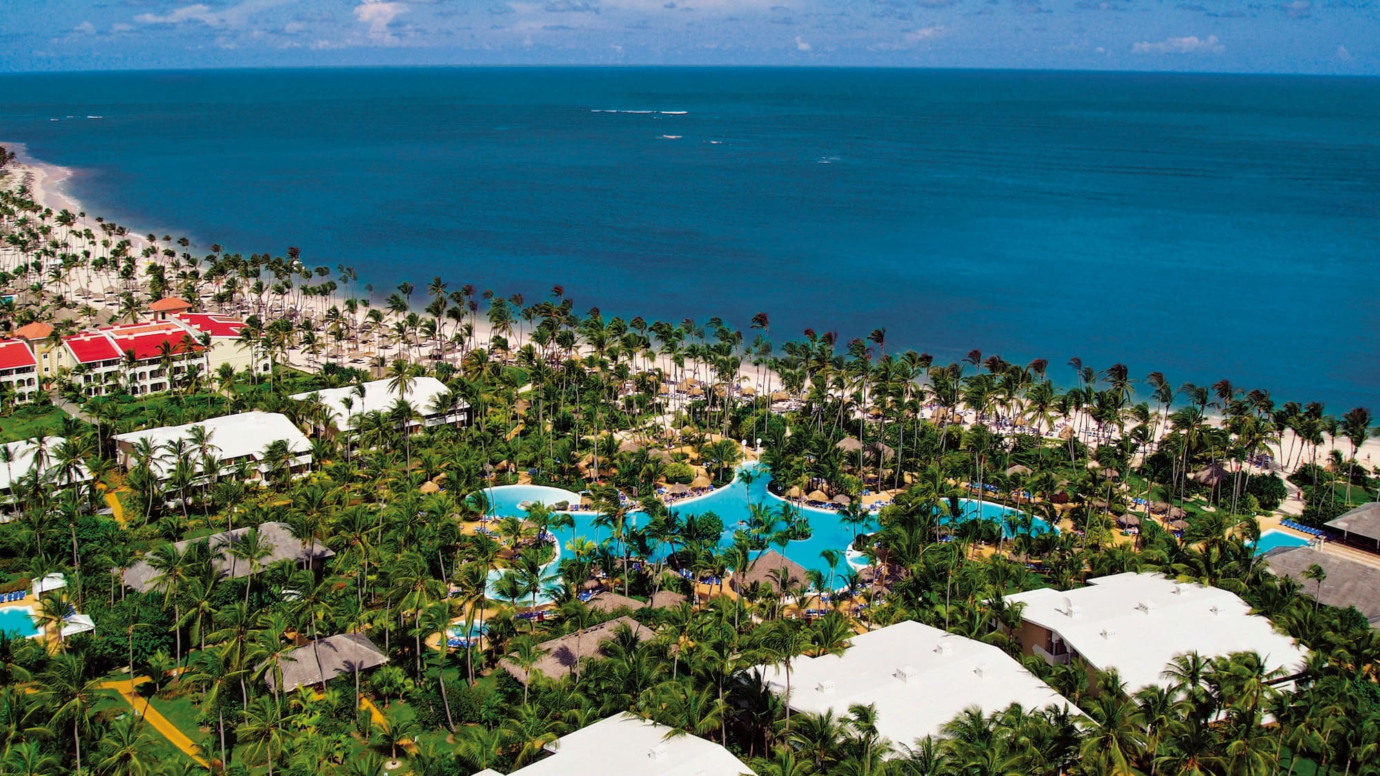 a aerial view of a resort with palm trees and a beach