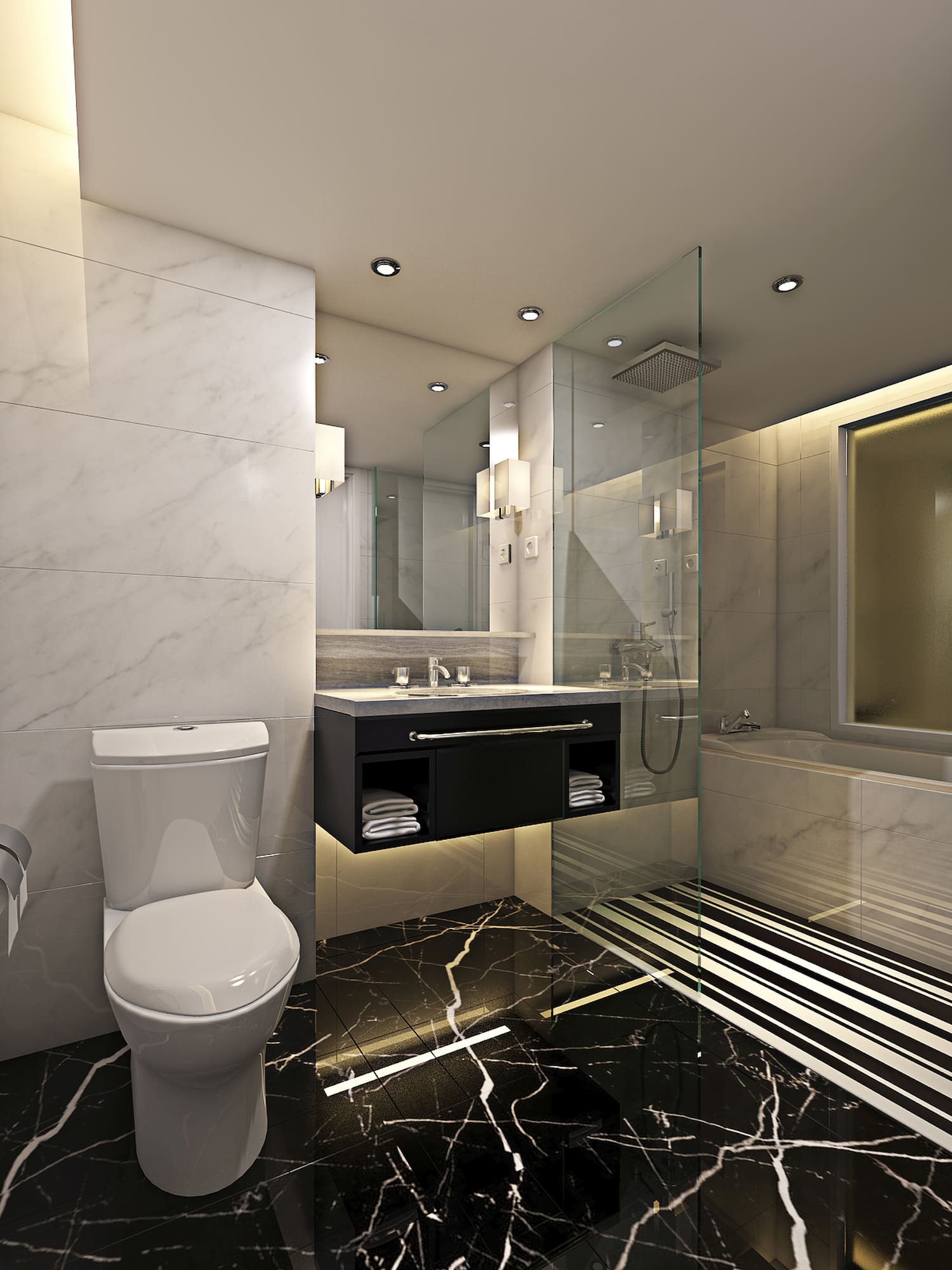 a bathroom with a glass shower and a tub
