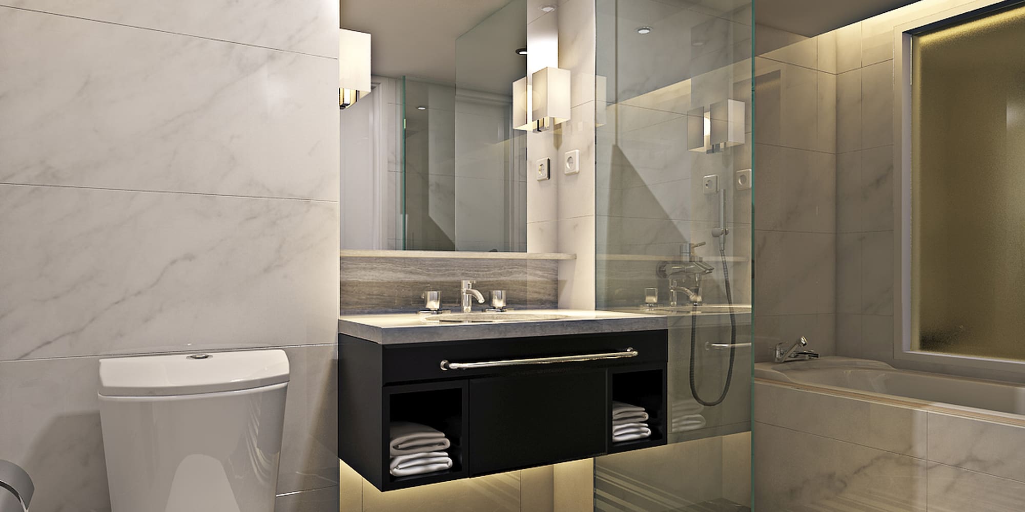 a bathroom with a glass shower and a tub