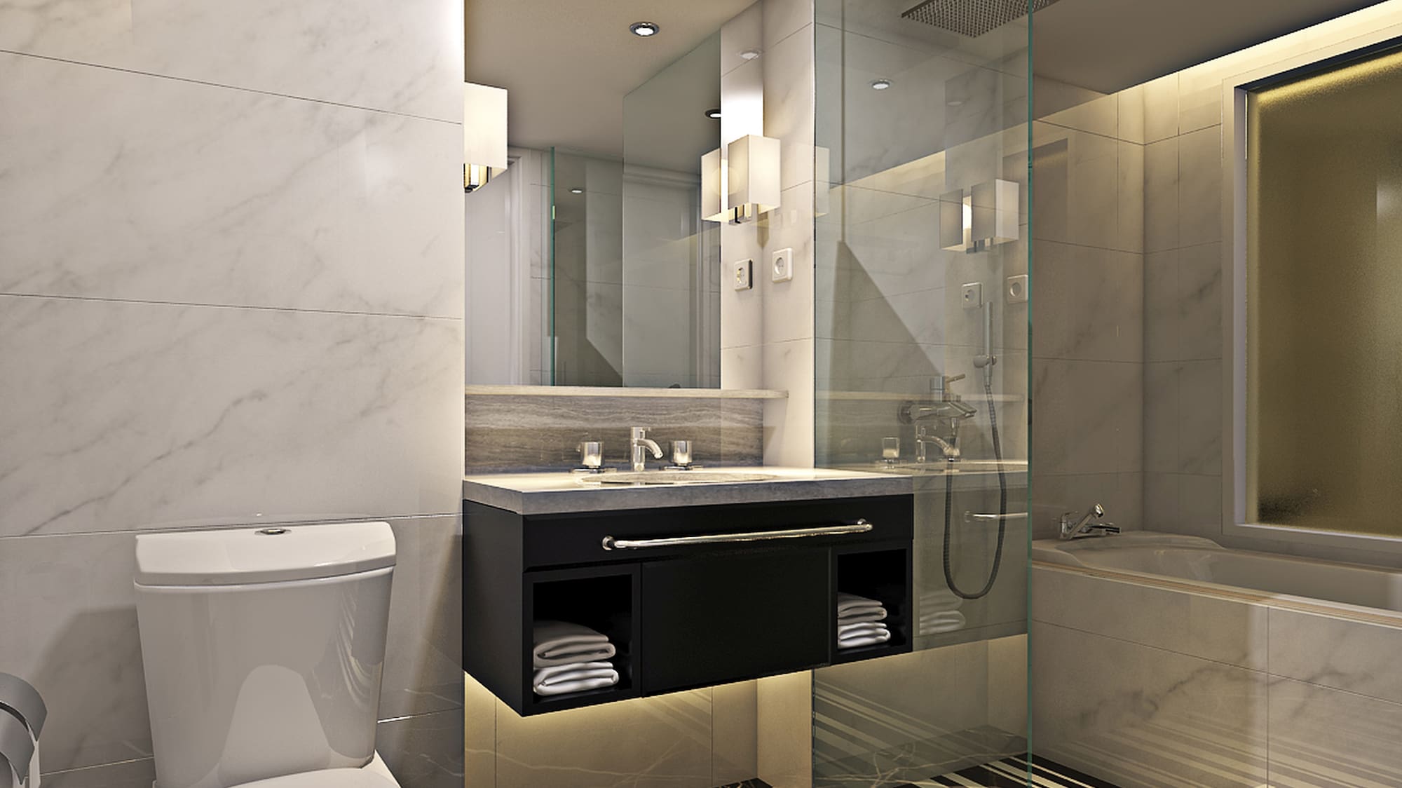 a bathroom with a glass shower and a tub