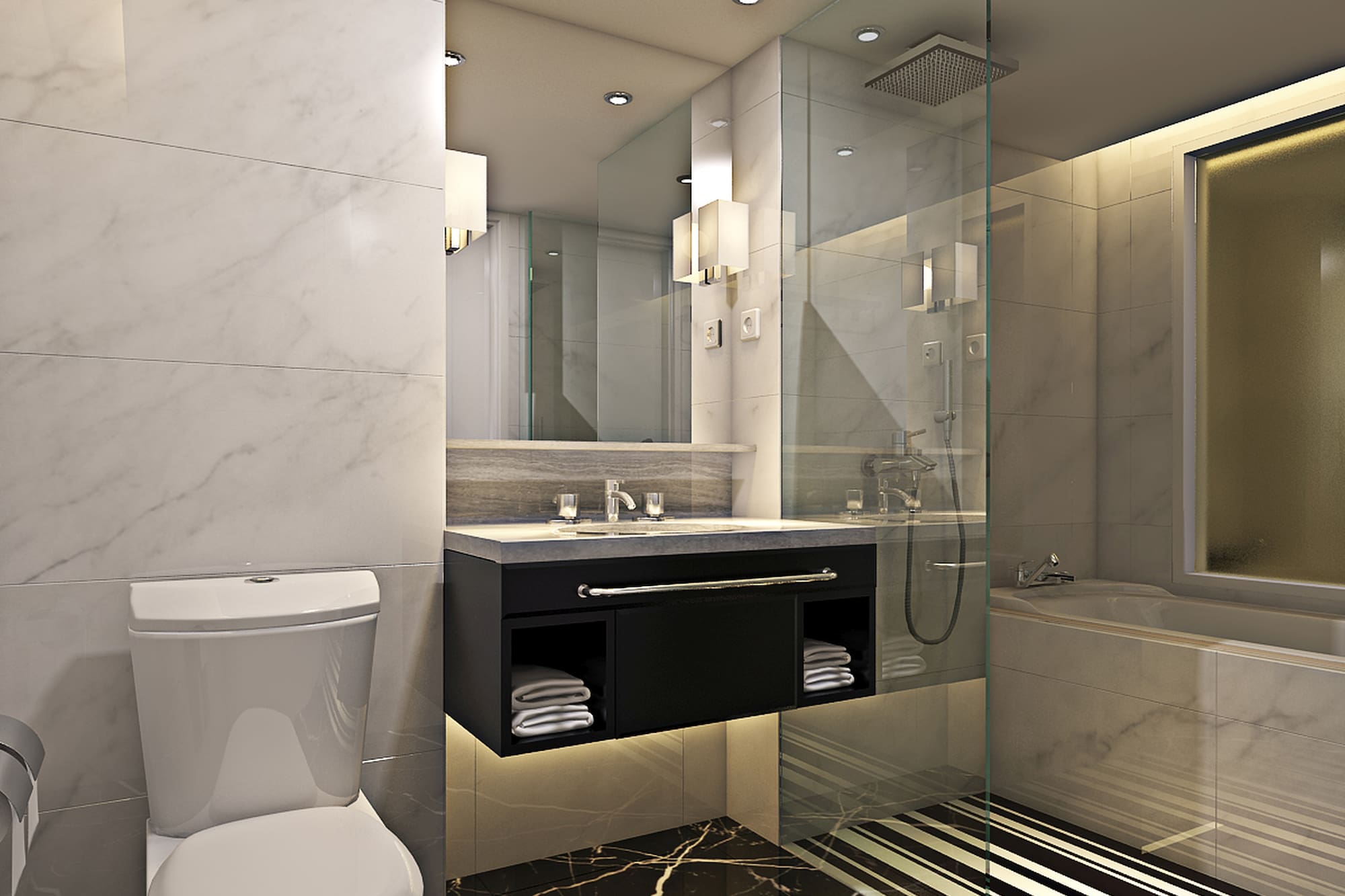 a bathroom with a glass shower and a tub