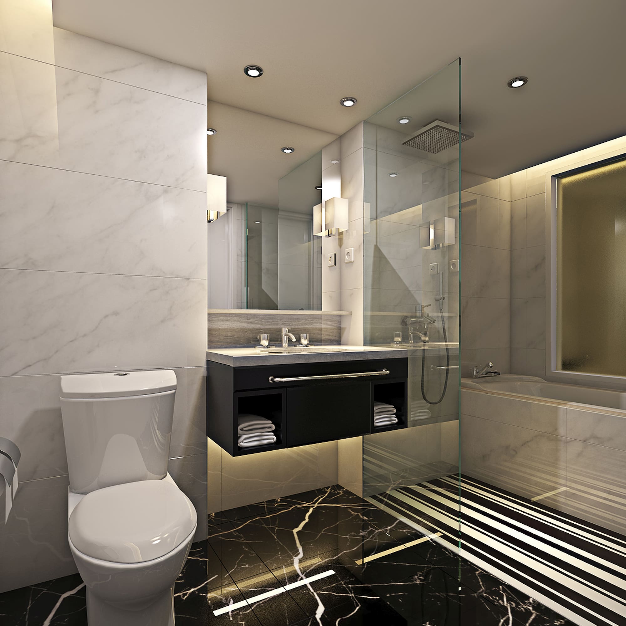 a bathroom with a glass shower and a tub