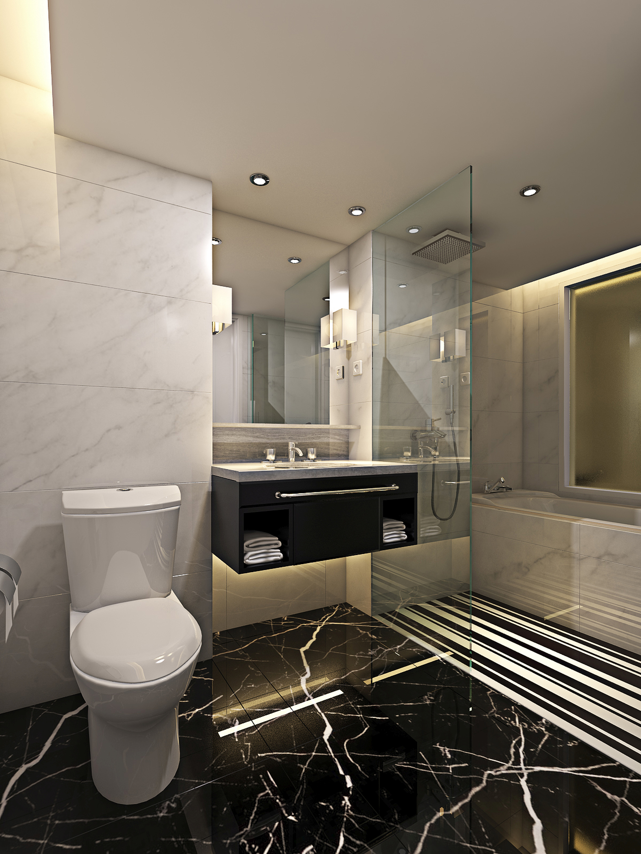 Luxury black and white marble bathroom with floating vanity, shower, toilet.