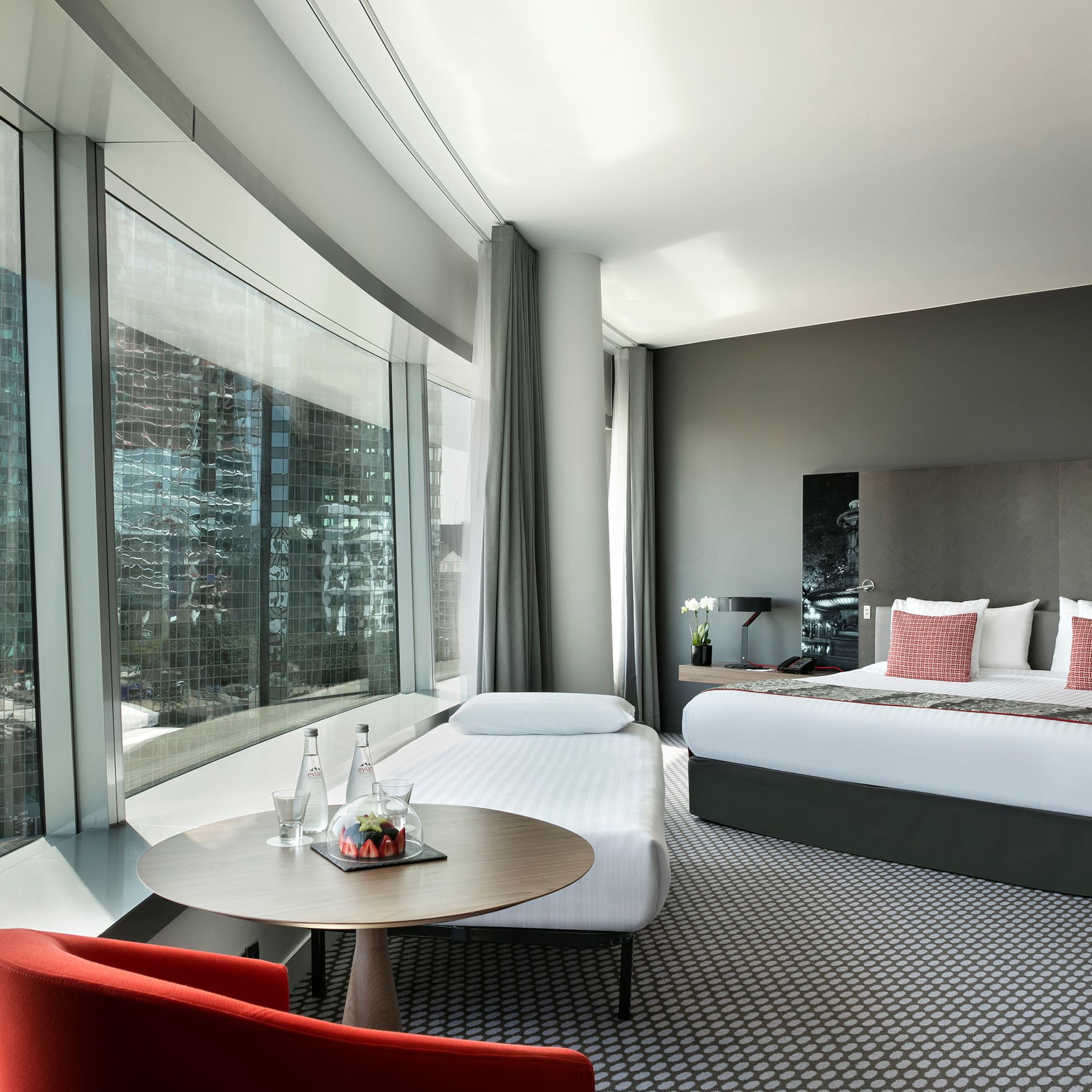 a room with a bed and a table