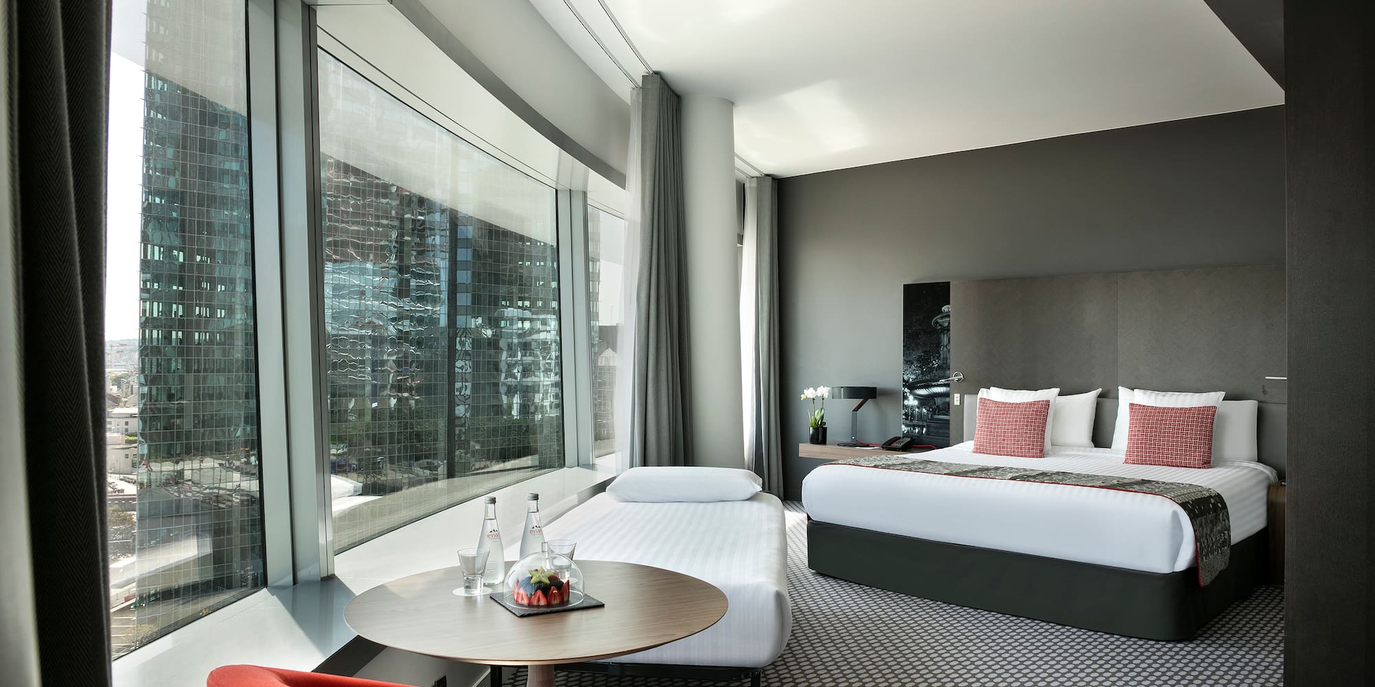 a room with a bed and a table