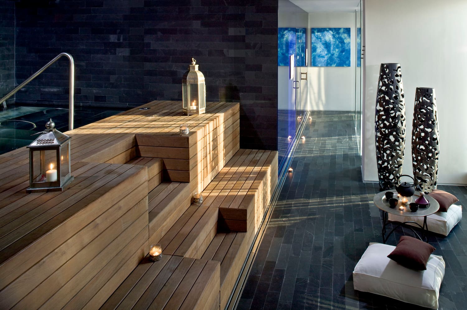 a wooden steps with a lantern on it