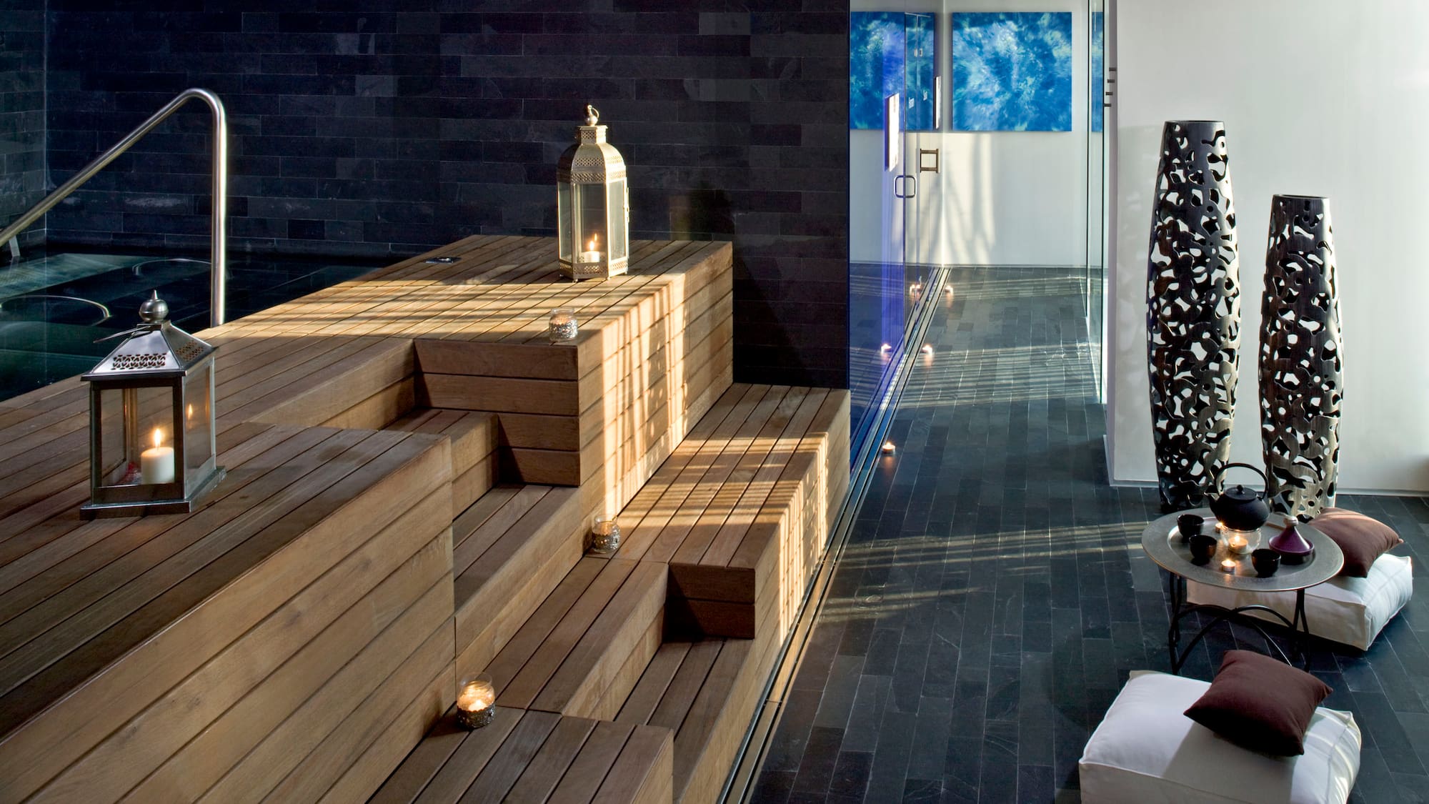 a wooden steps with a lantern on it