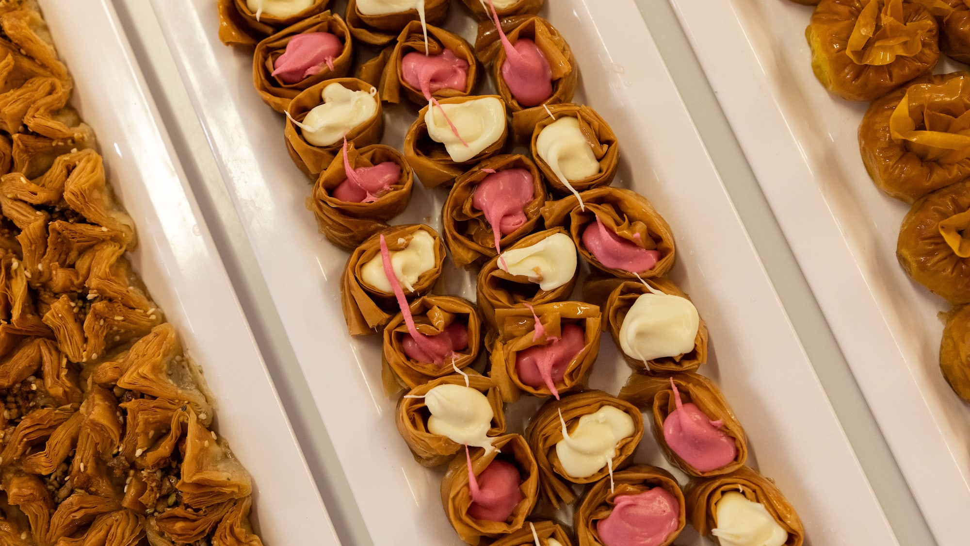 a row of food on a tray