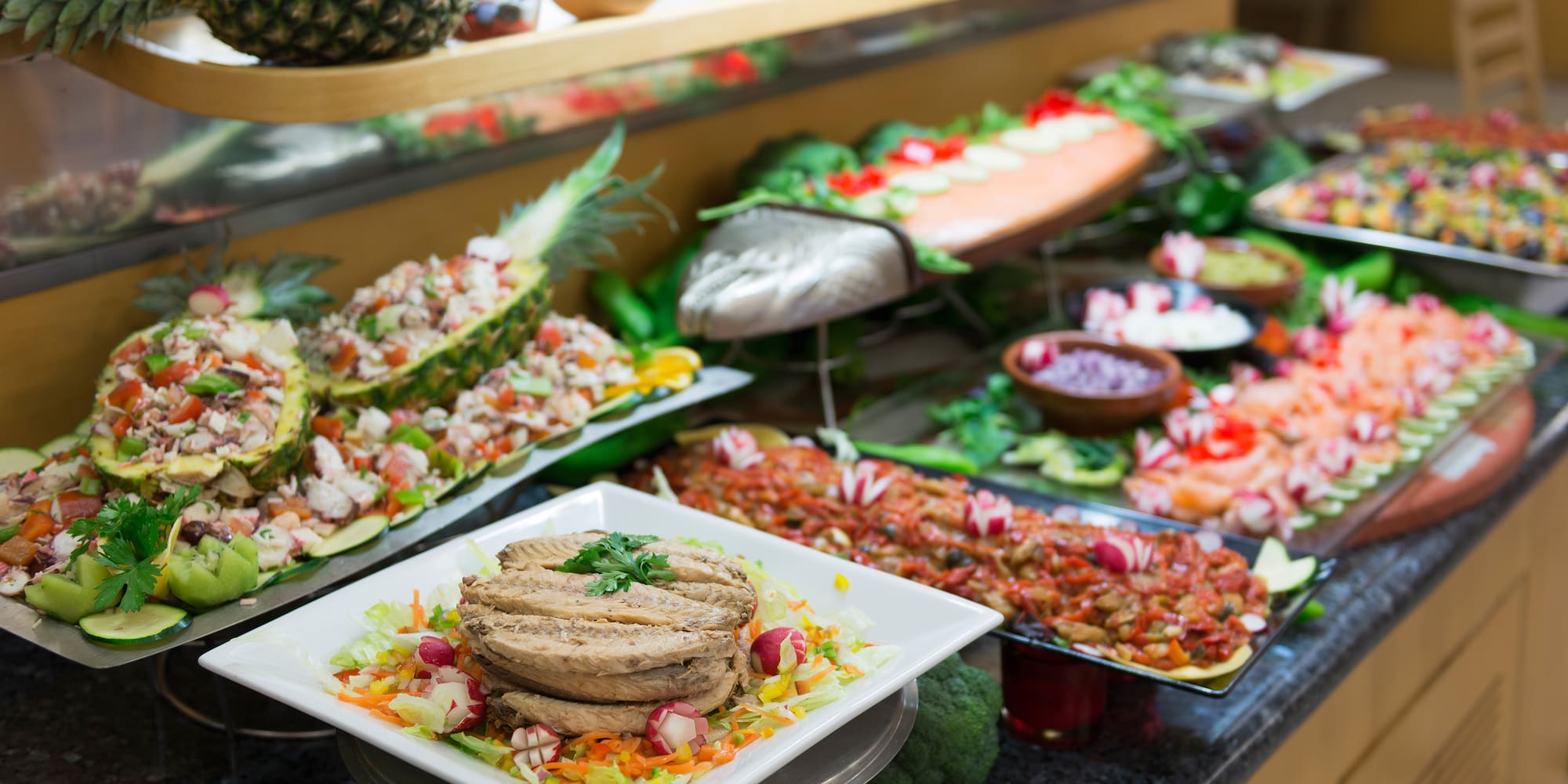 a buffet table full of food