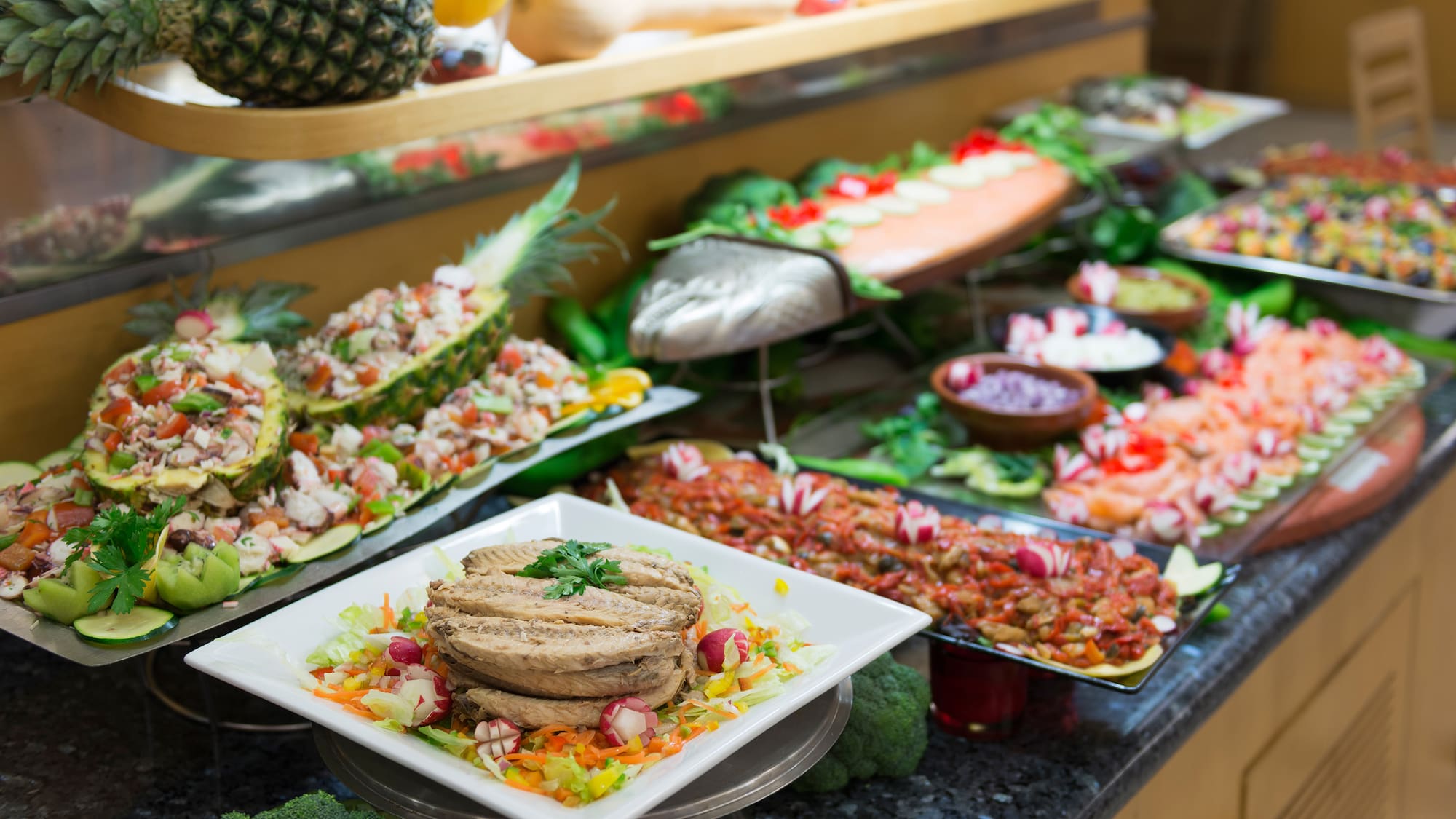 a buffet table full of food