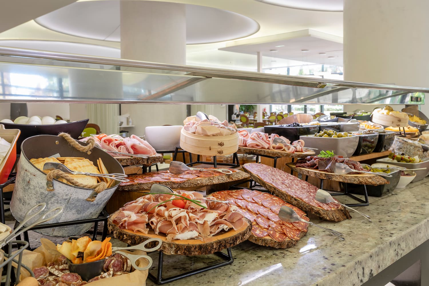 a buffet table with different types of food