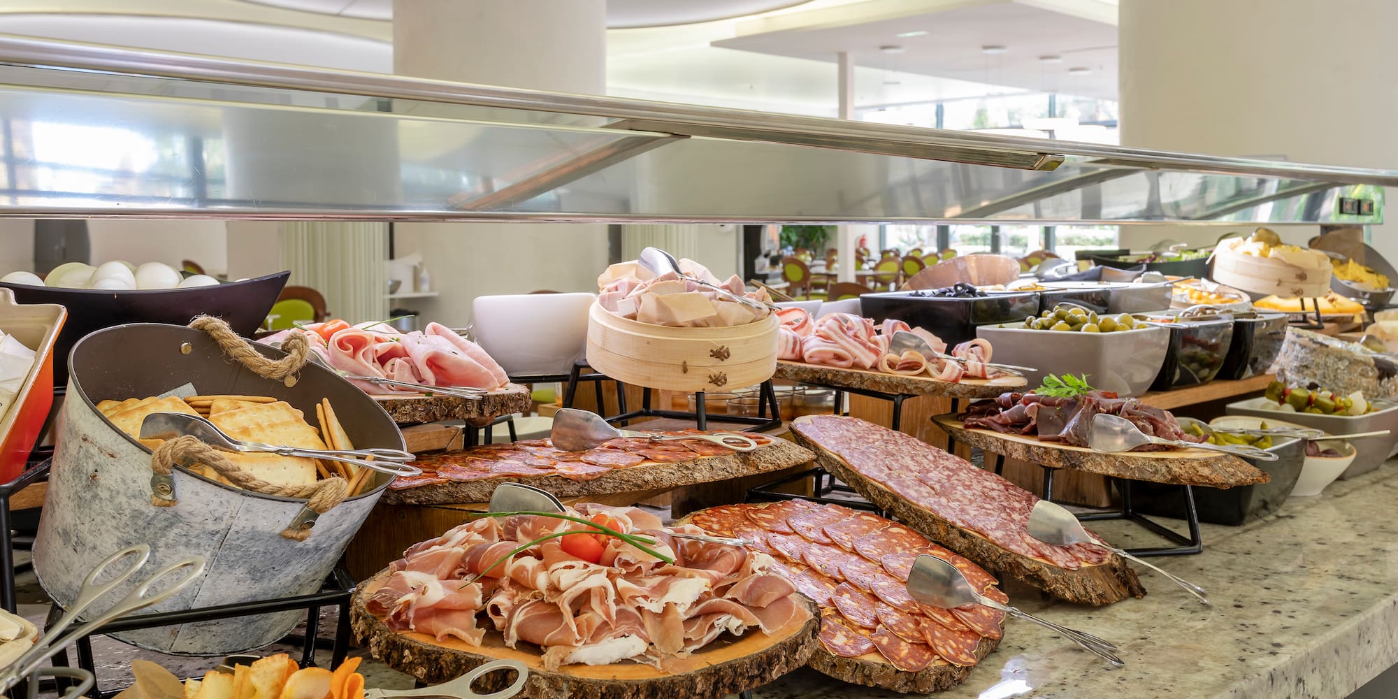 a buffet table with different types of food
