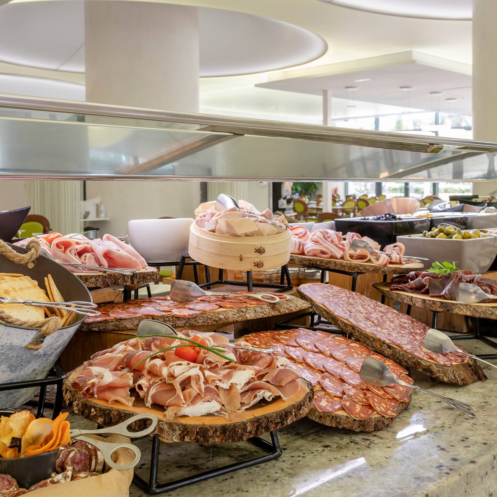 a buffet table with different types of food