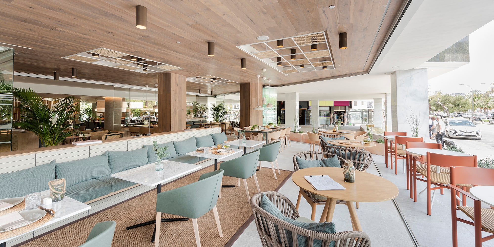 a room with tables and chairs