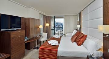 a room with a bed and a table