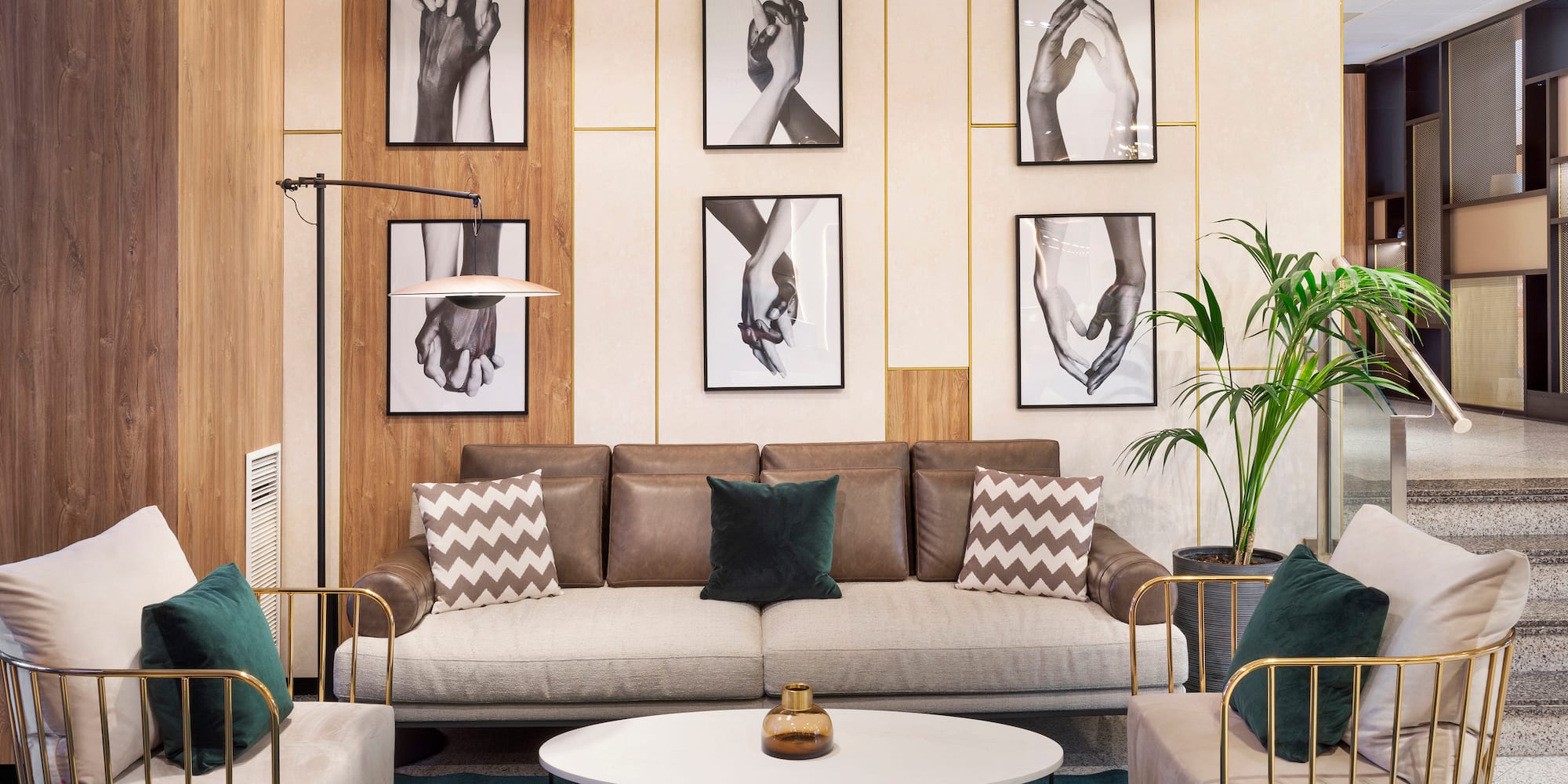 a room with a couch and a coffee table