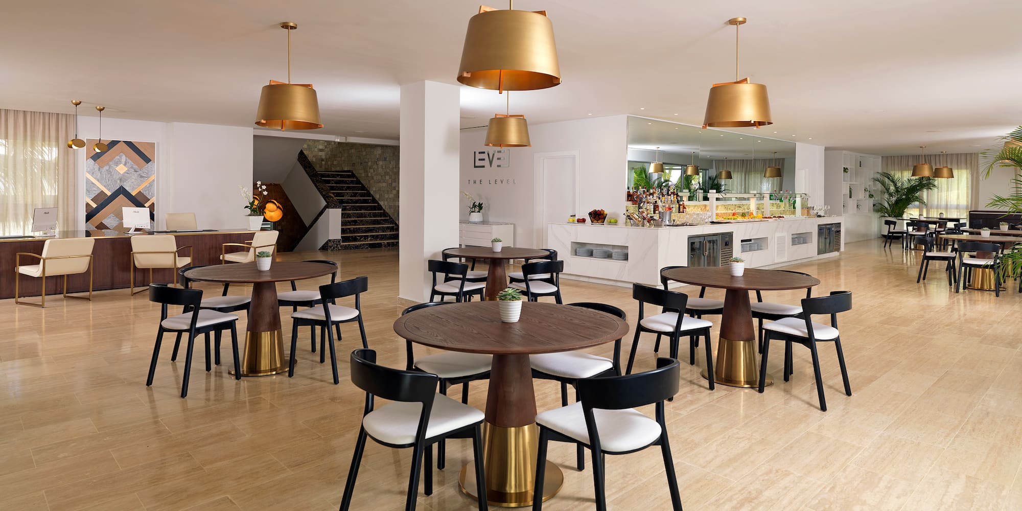 a room with tables and chairs