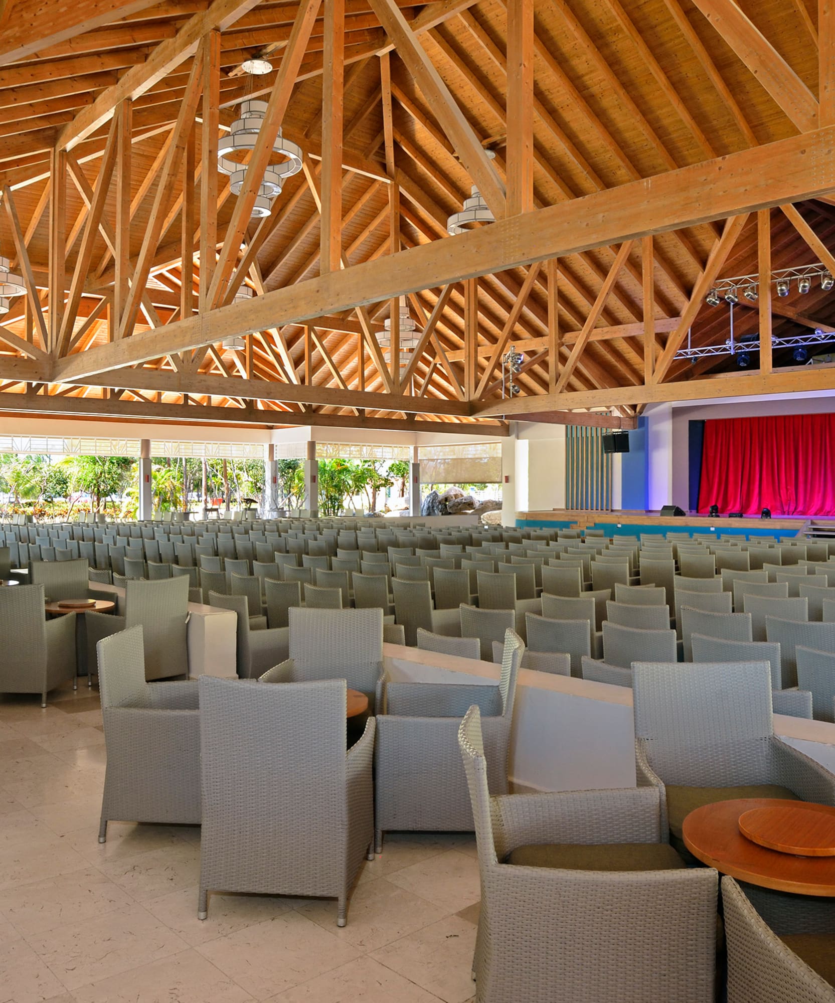 a room with chairs and tables