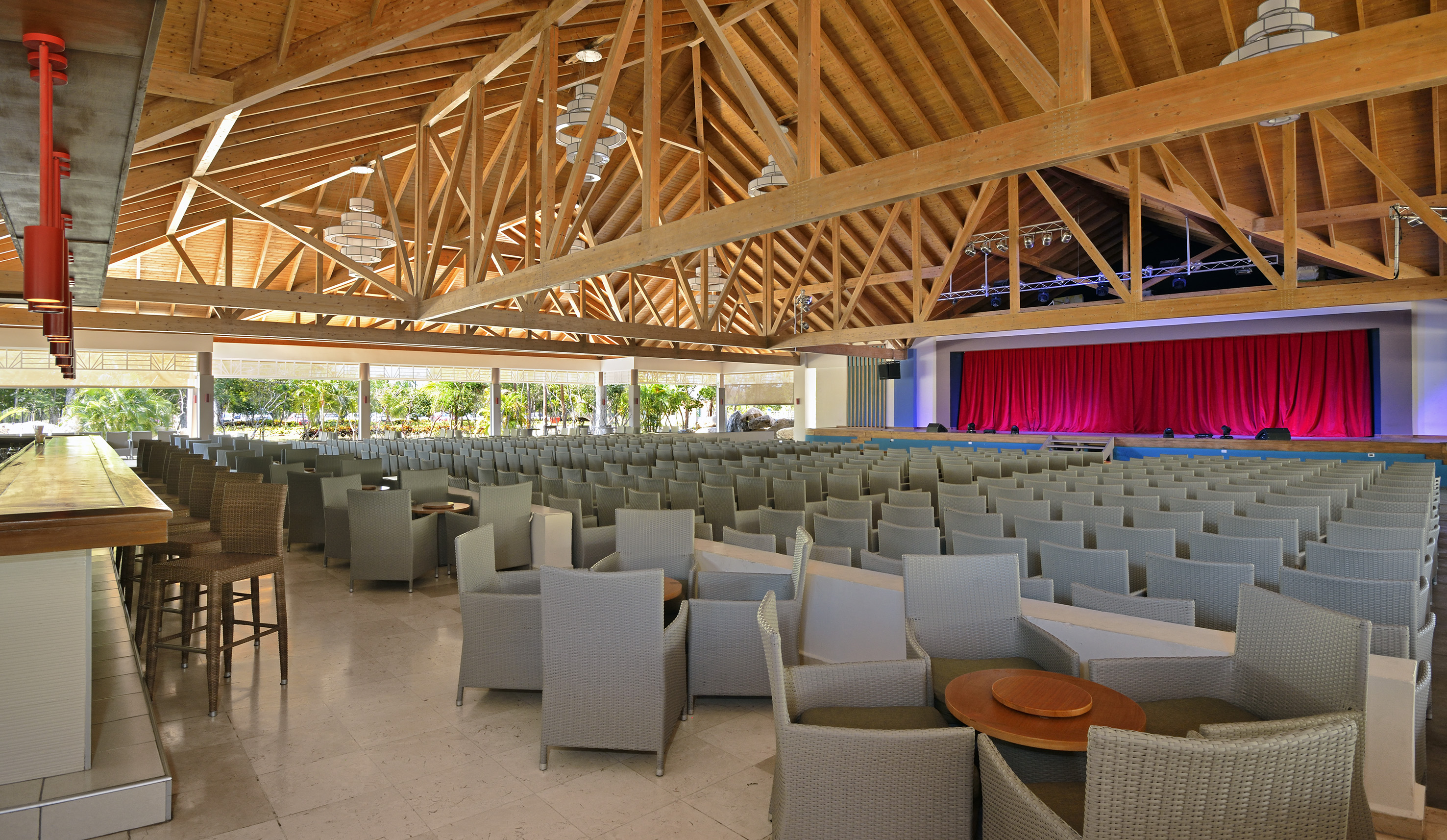 a room with chairs and tables
