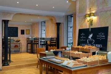 a room with a table of food