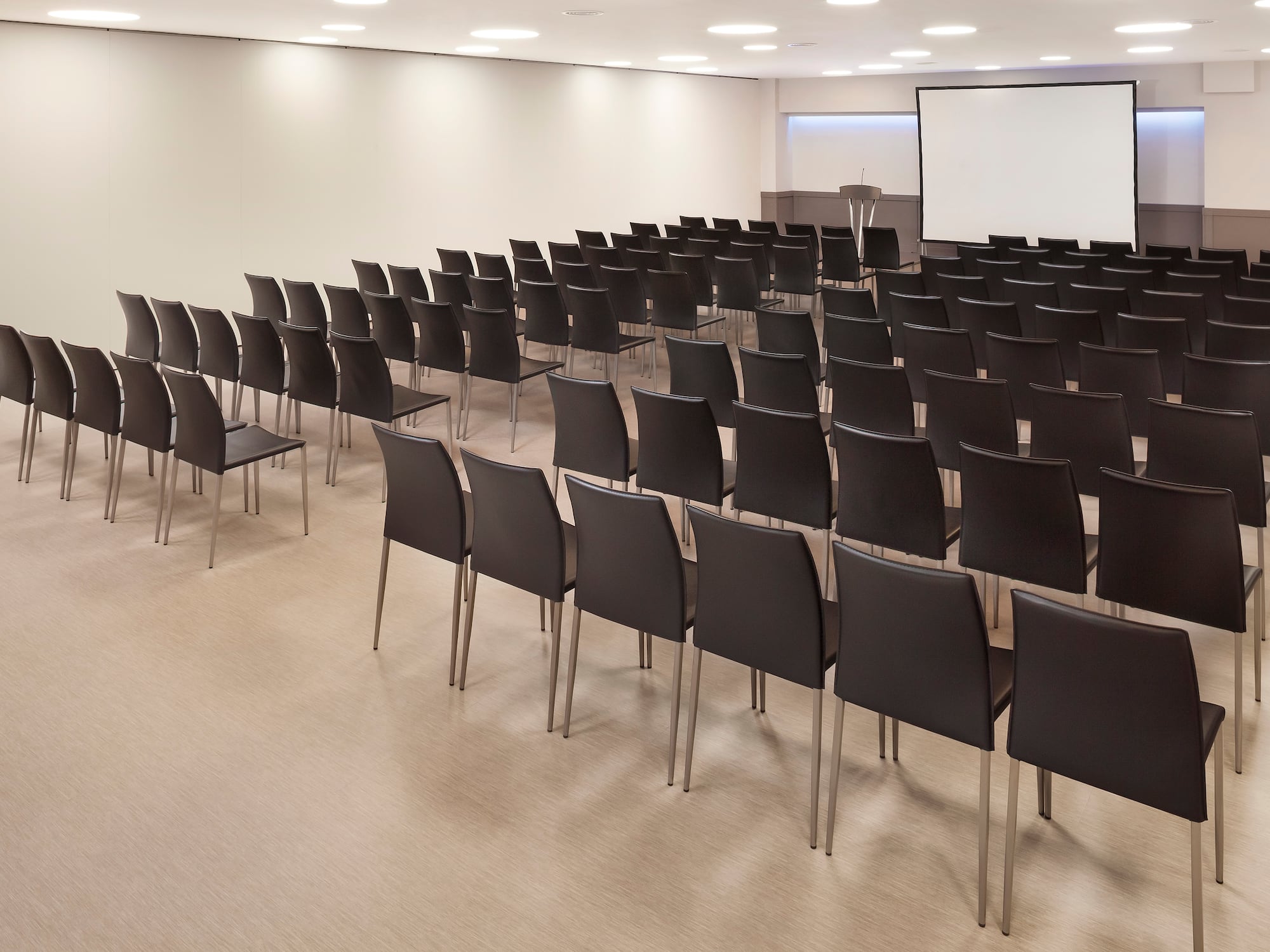 a room with rows of chairs and a projector screen