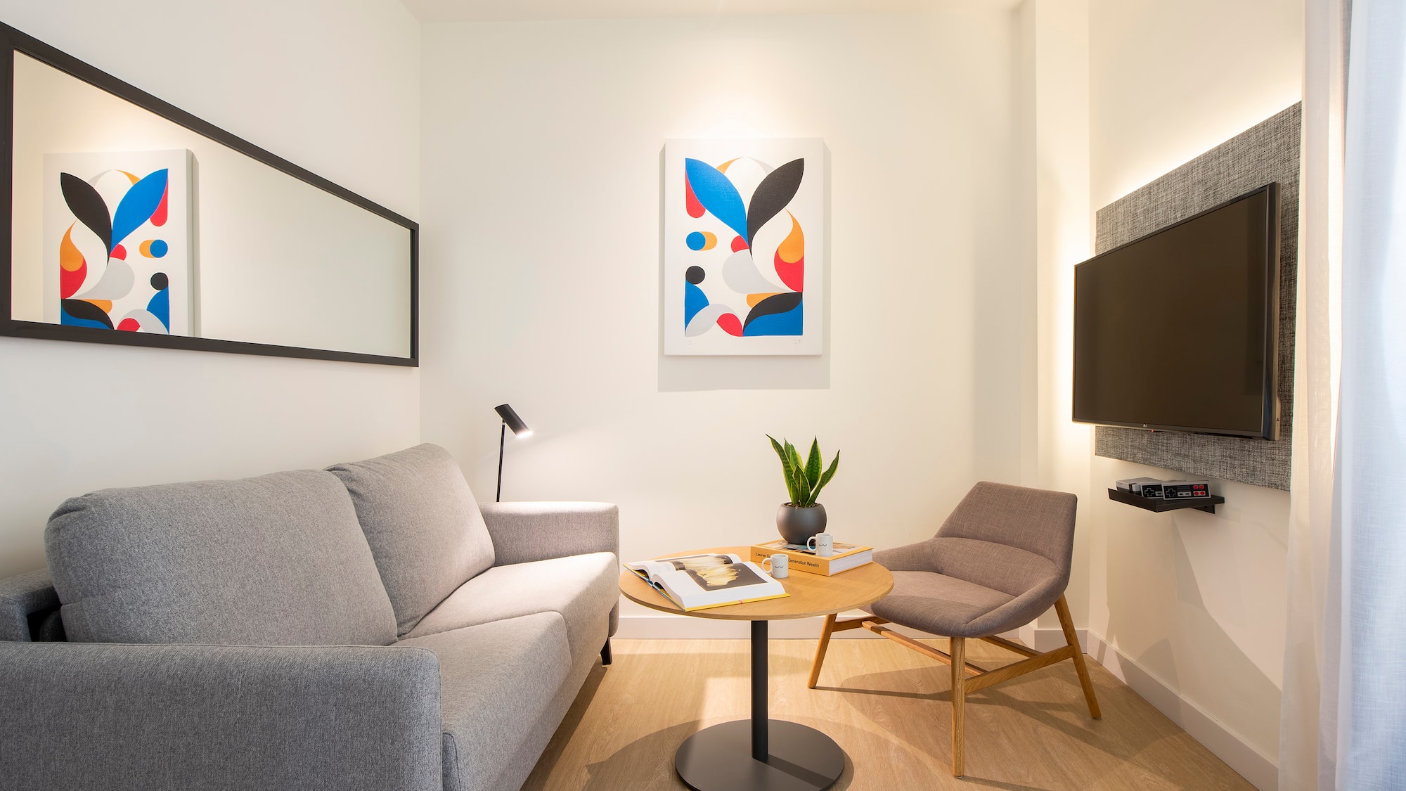 a living room with a couch and a table