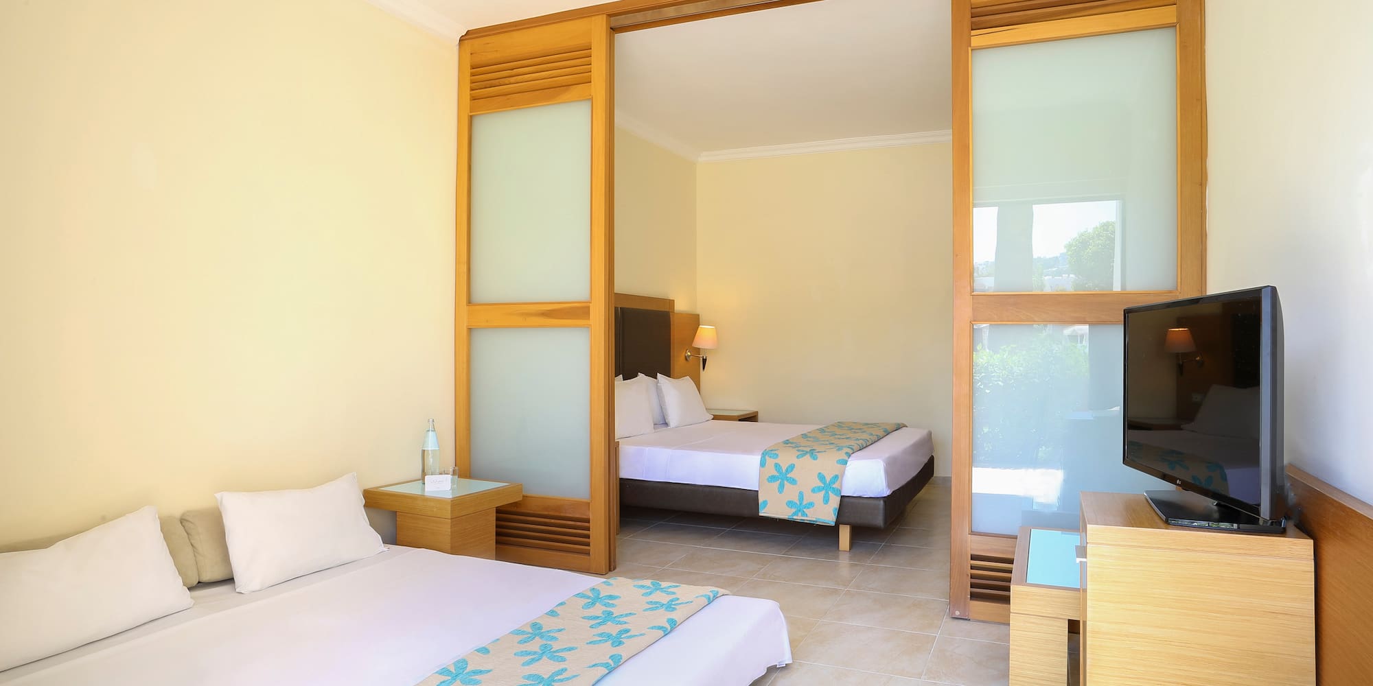 a room with two beds and a television