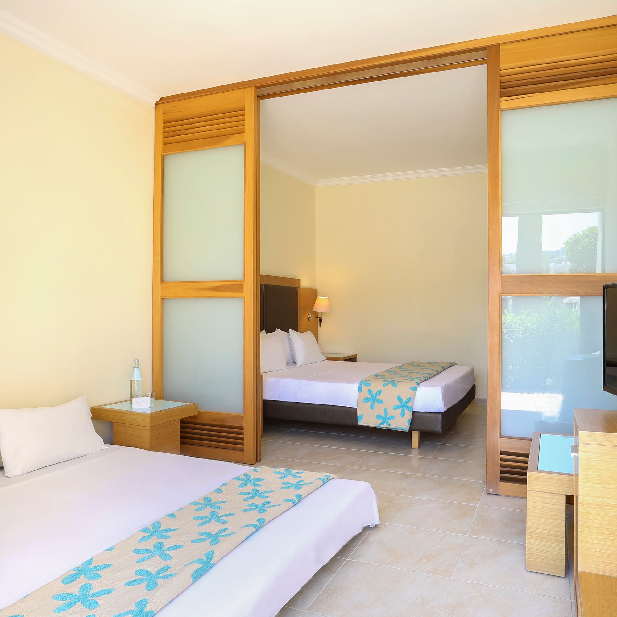 a room with two beds and a television