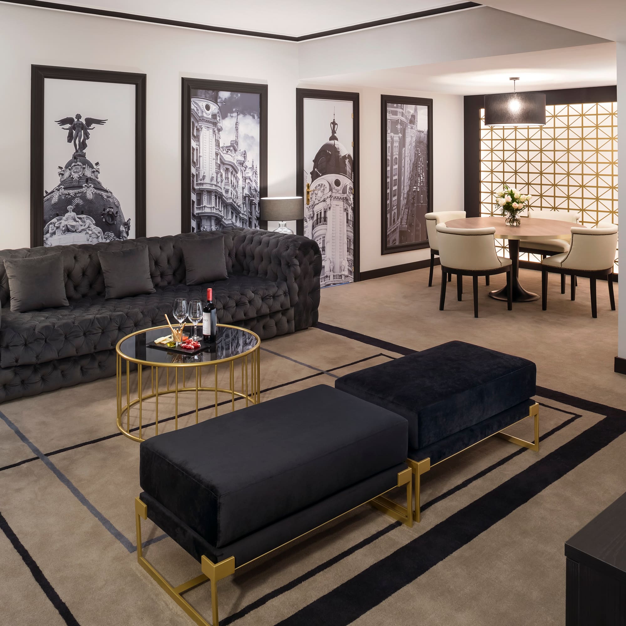 a room with a couch and a table